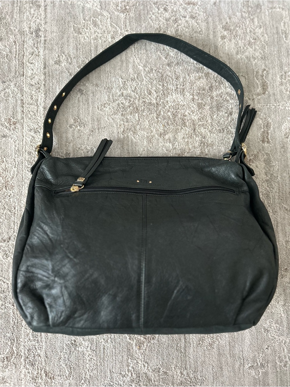 Stone Mountain Black Leather Shoulder Bag Med Hobo Multi Pocket Y2K Adj Strap